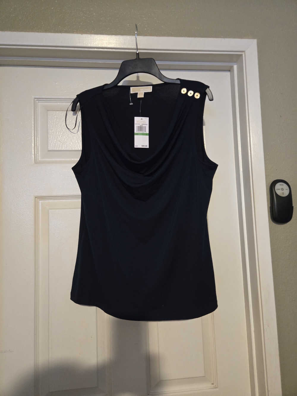 Michael Kors Blue Sleeveless Cowl Neck Top with Gold Buttons